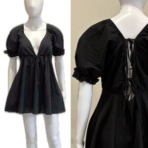 Princess Polly Black Babydoll Puff Sleeve Swing Dress Size 8 Plunge Neck A-Line